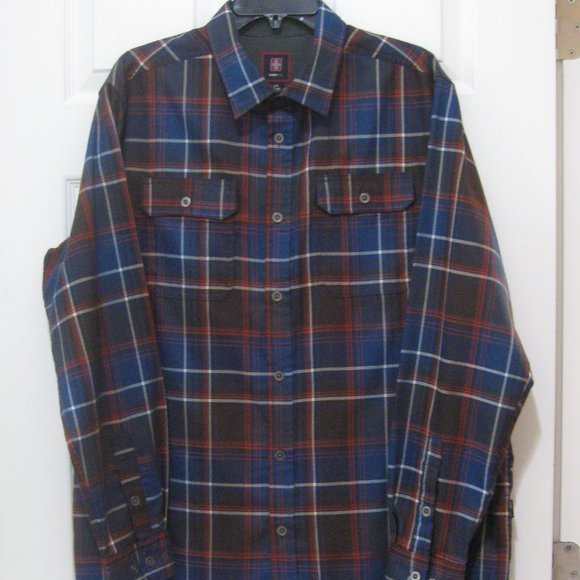 Swiss Tech Mens Plaid Shirt sz L (42-44) Rust Brown Dark Blue - Picture 1 of 10